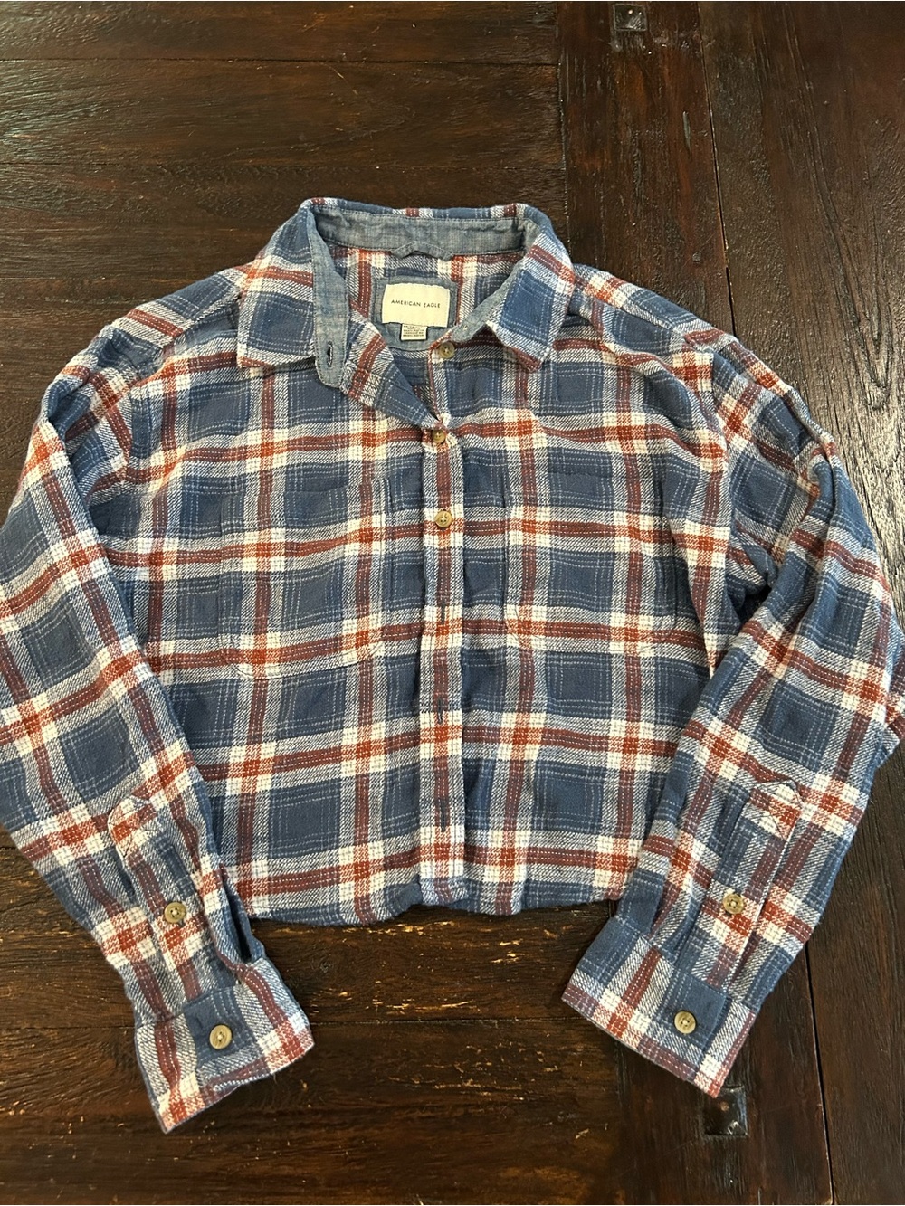American Eagle Blue & Red Plaid Cropped Oversized Flannel Button-Down Shirt - xs